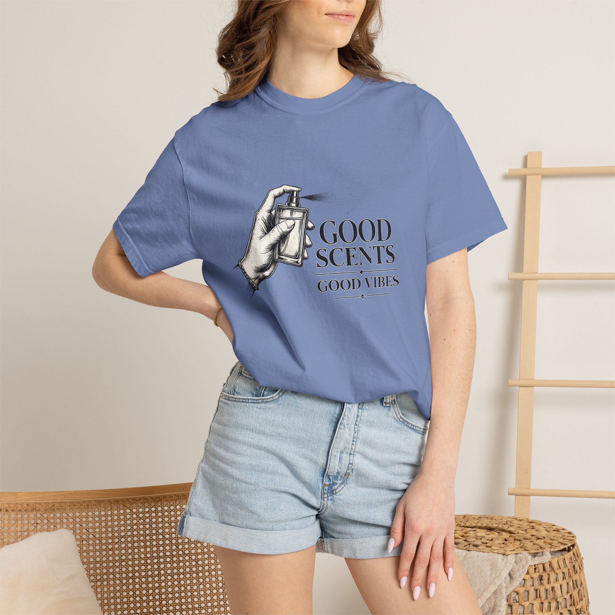 T-Shirt — "Good Scents, Good Vibes" Vintage Perfume Spray Graphic Tee