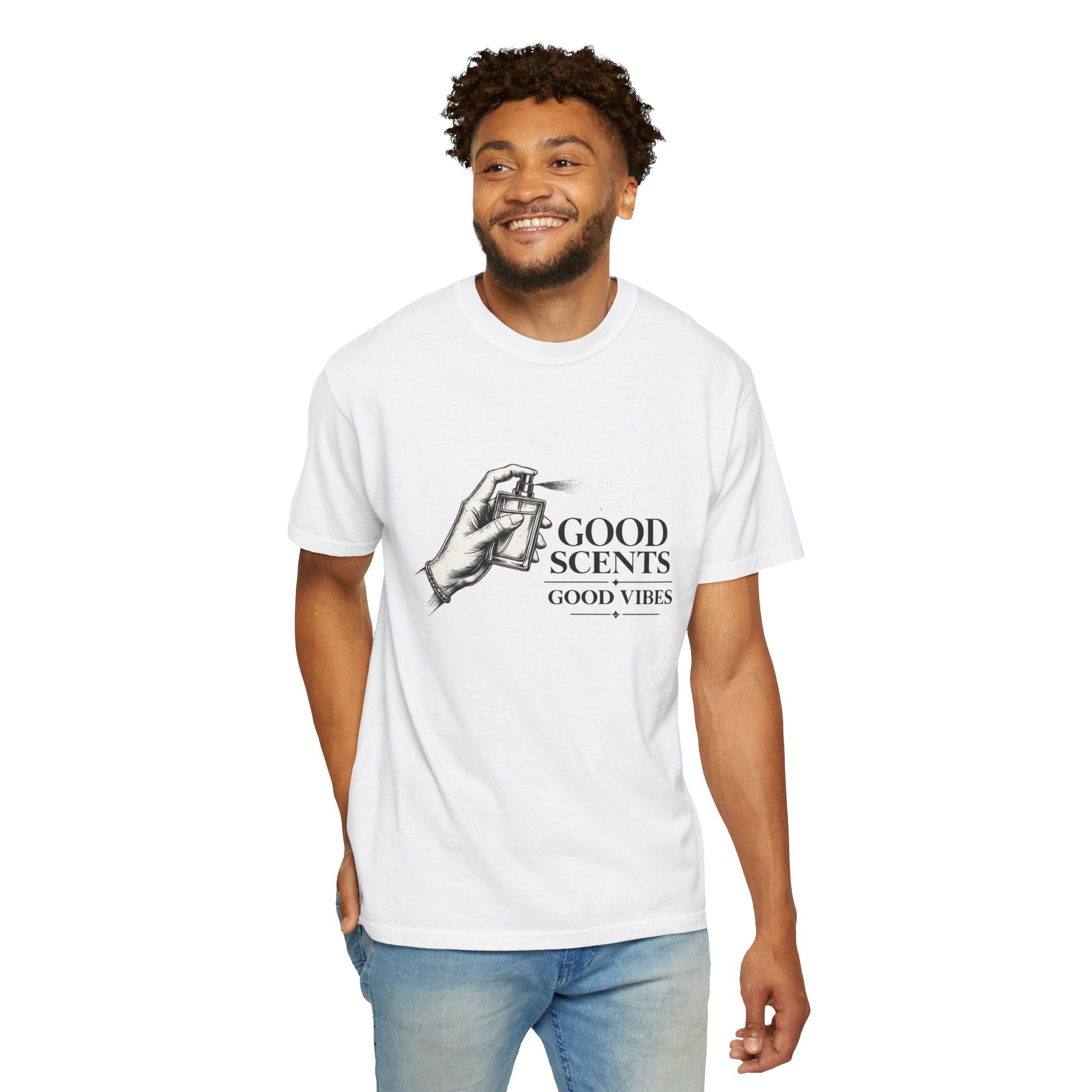T-Shirt — "Good Scents, Good Vibes" Vintage Perfume Spray Graphic Tee