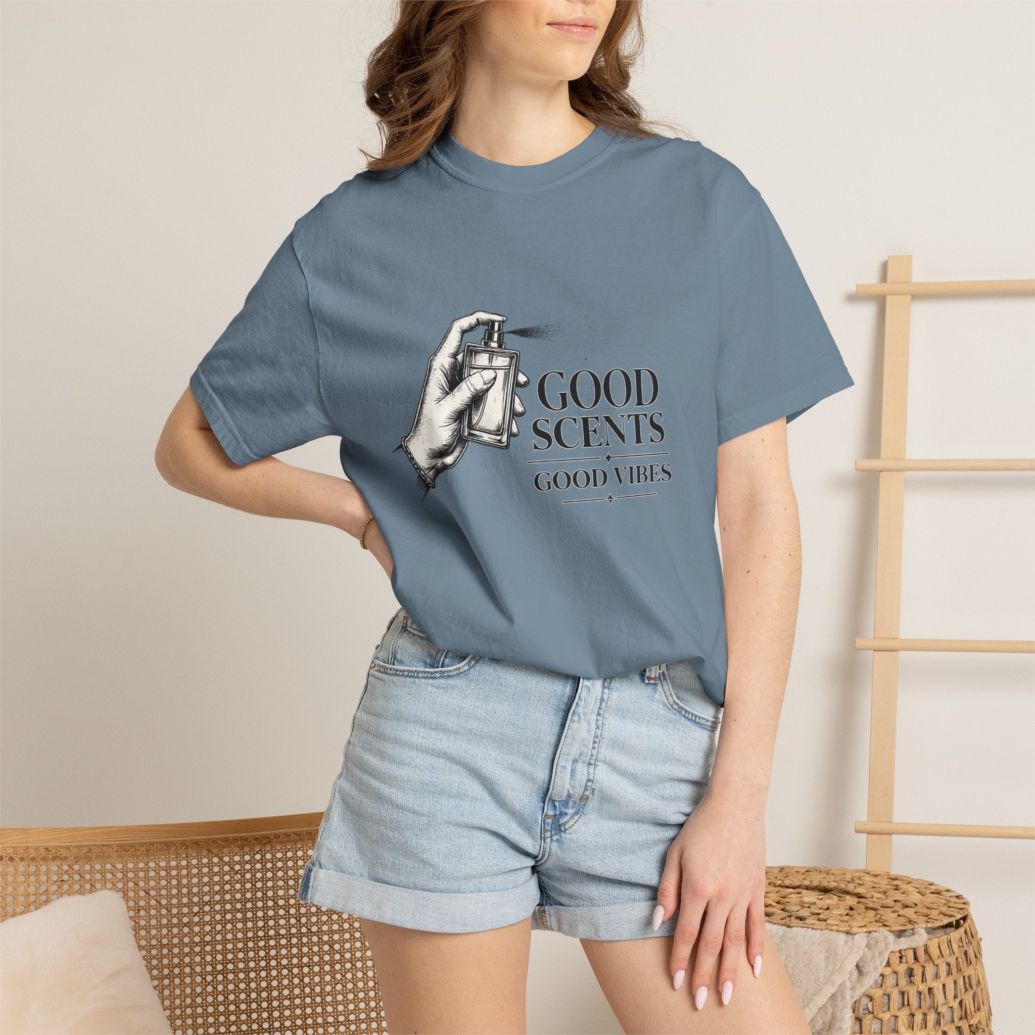 T-Shirt — "Good Scents, Good Vibes" Vintage Perfume Spray Graphic Tee