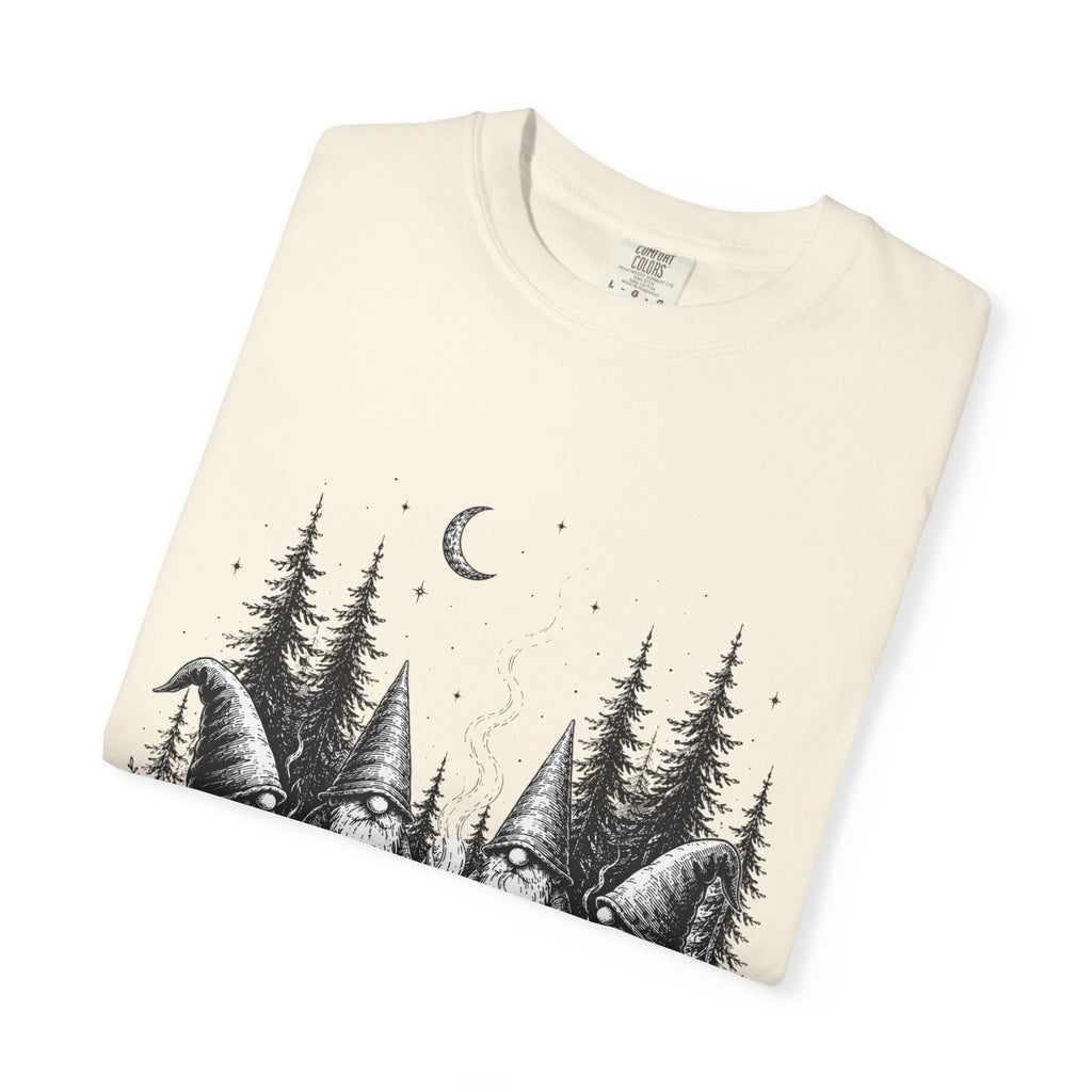 Gnome Campfire T-Shirt — Woodland Gnomes Sitting Around Bonfire Night Tee