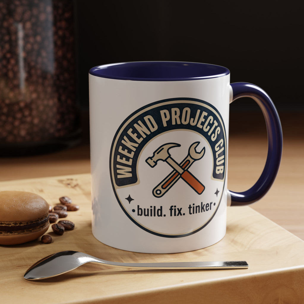 Weekend Projects Club Coffee Mug — "build. fix. tinker." Accent Ceramic Mug (11/15oz)
