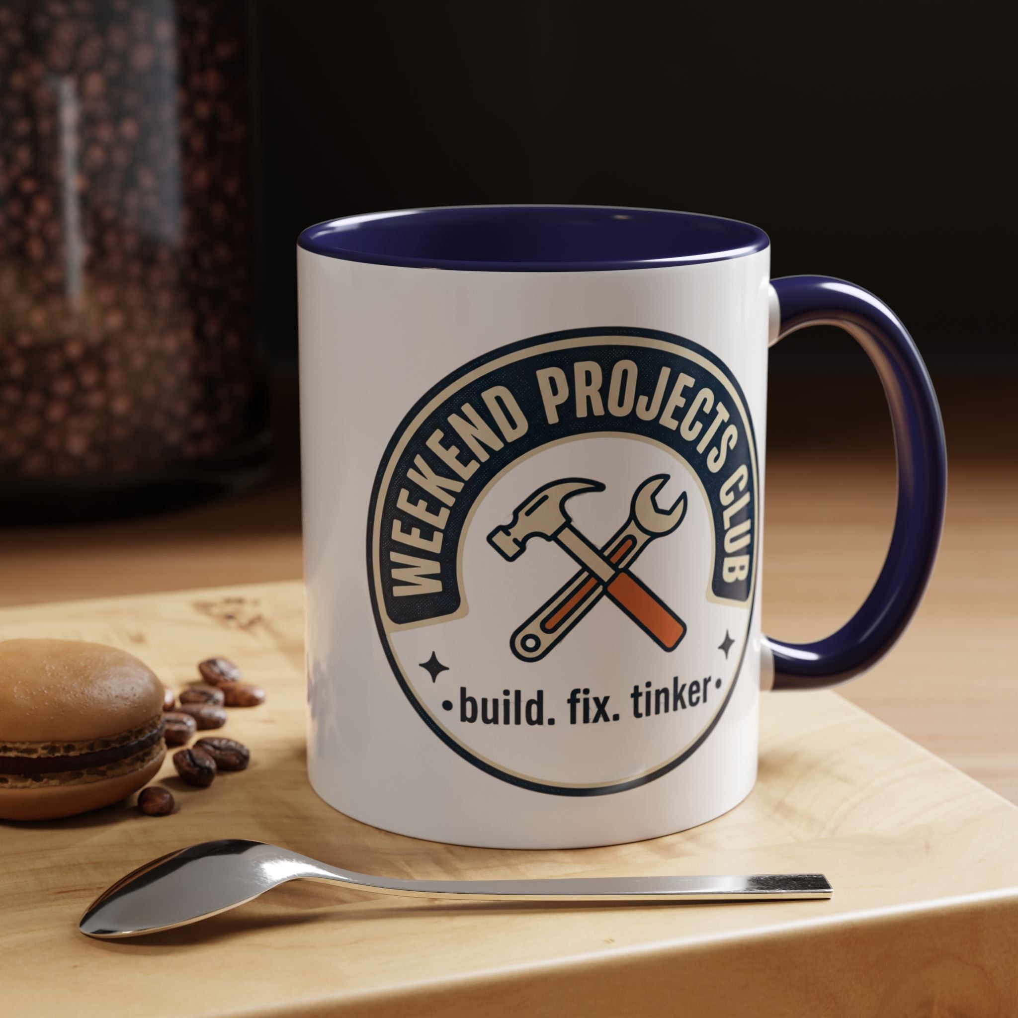 Weekend Projects Club Coffee Mug — "build. fix. tinker." Accent Ceramic Mug (11/15oz)