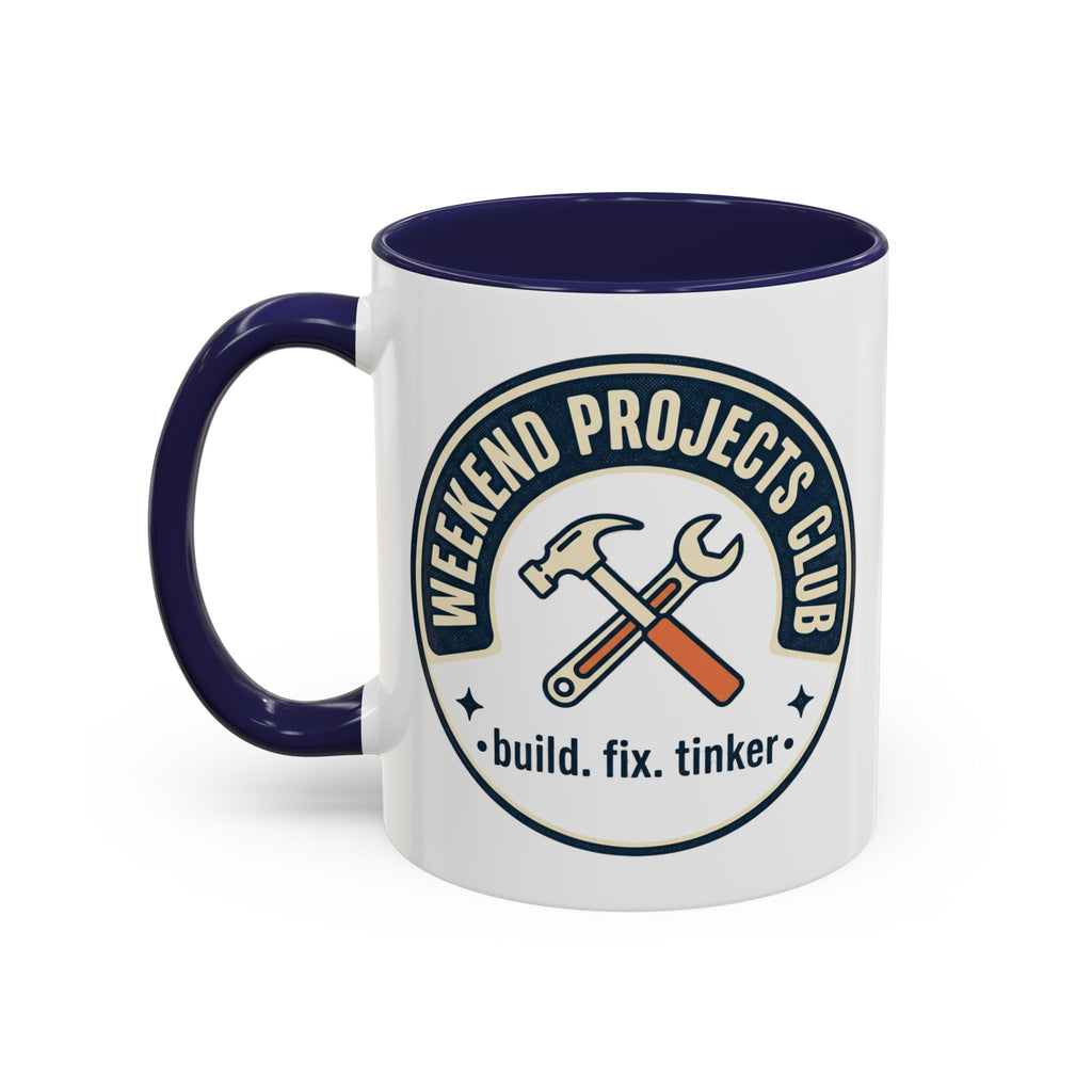 Weekend Projects Club Coffee Mug — "build. fix. tinker." Accent Ceramic Mug (11/15oz)