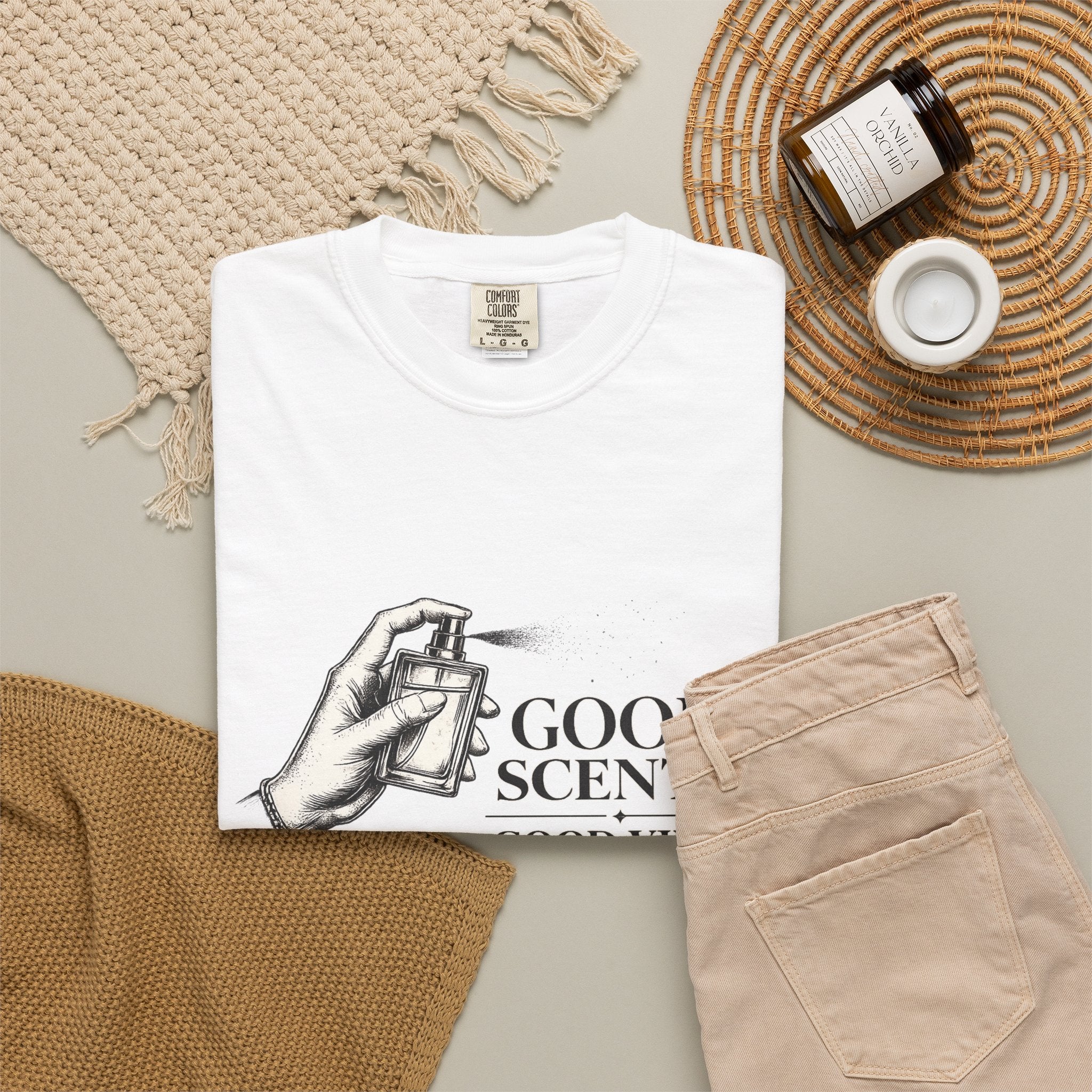 T-Shirt — "Good Scents, Good Vibes" Vintage Perfume Spray Graphic Tee