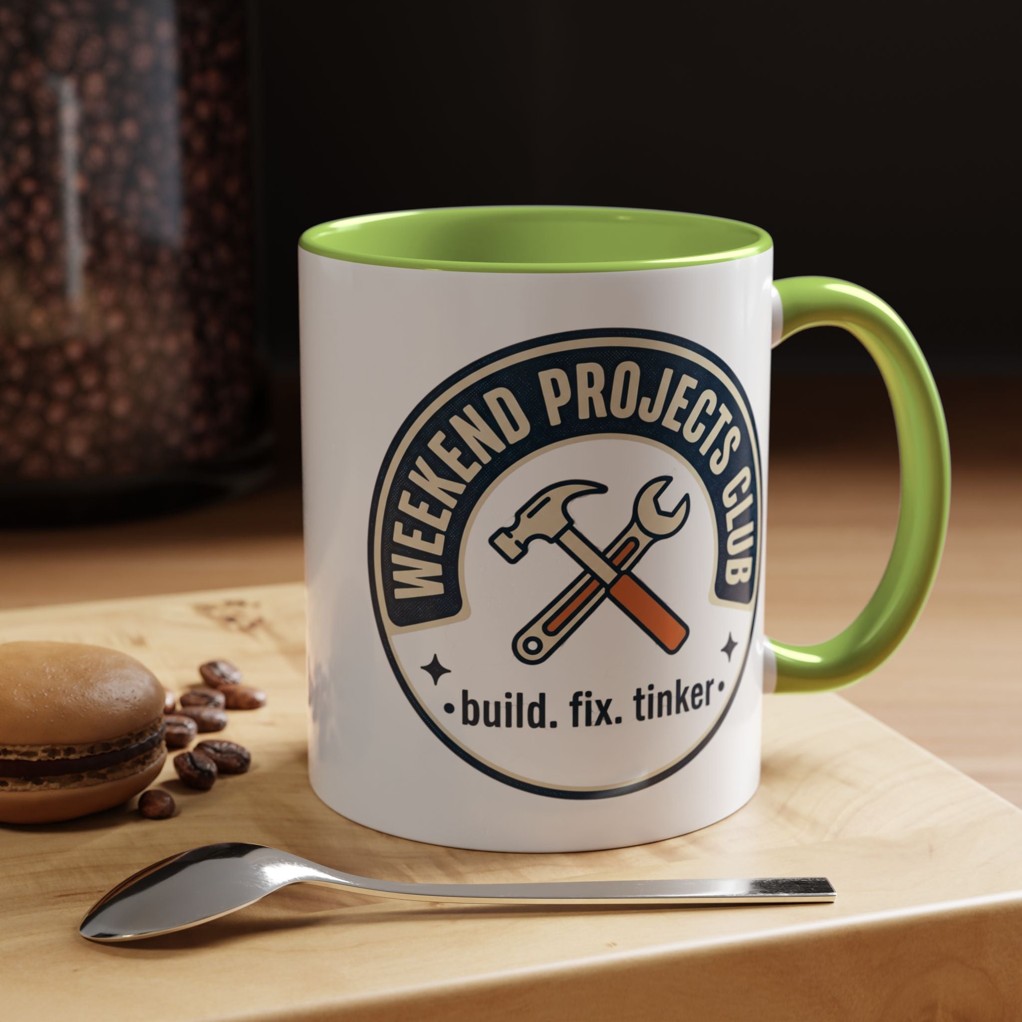 Weekend Projects Club Coffee Mug — "build. fix. tinker." Accent Ceramic Mug (11/15oz)