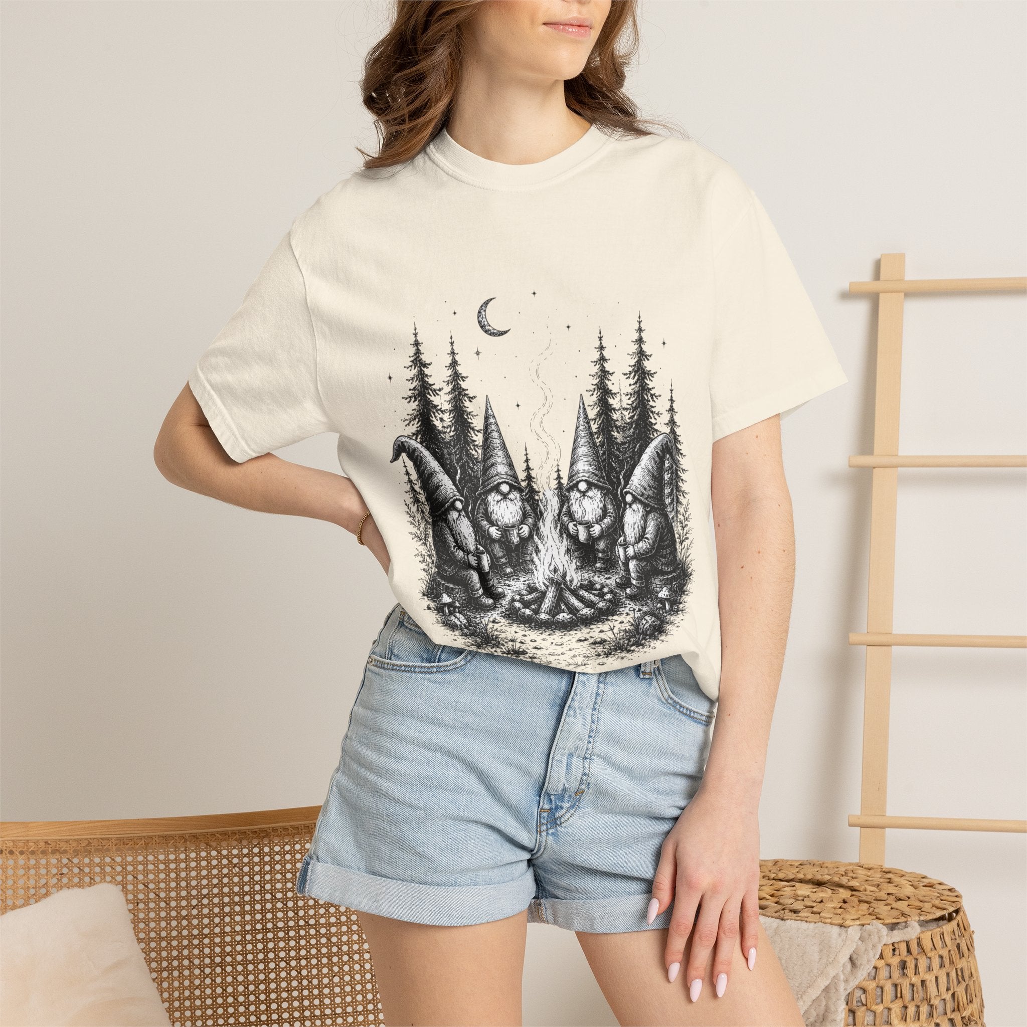 Gnome Campfire T-Shirt — Woodland Gnomes Sitting Around Bonfire Night Tee