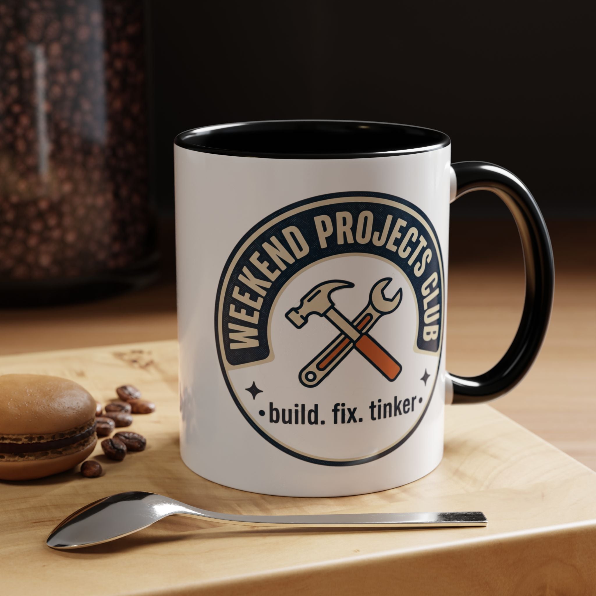 Weekend Projects Club Coffee Mug — "build. fix. tinker." Accent Ceramic Mug (11/15oz)