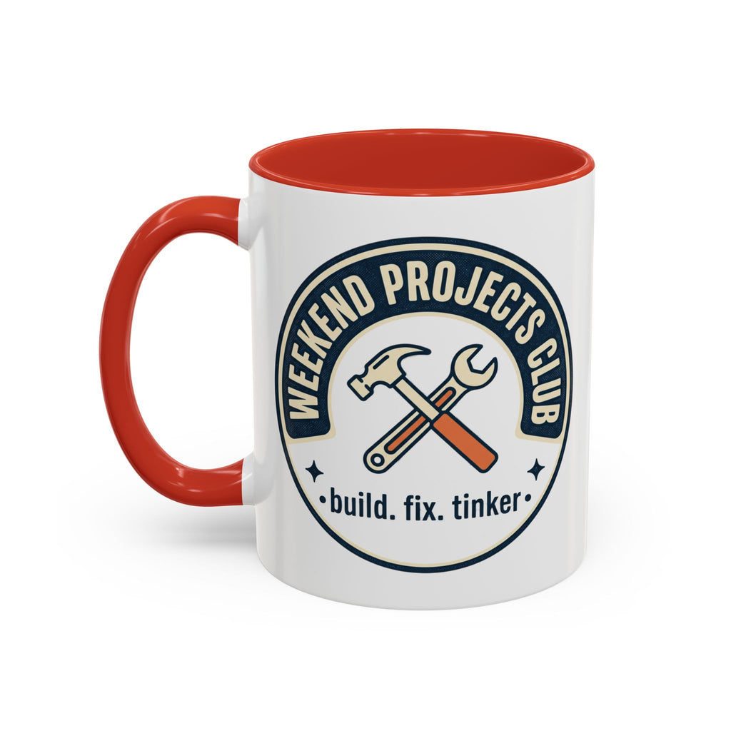 Weekend Projects Club Coffee Mug — "build. fix. tinker." Accent Ceramic Mug (11/15oz)