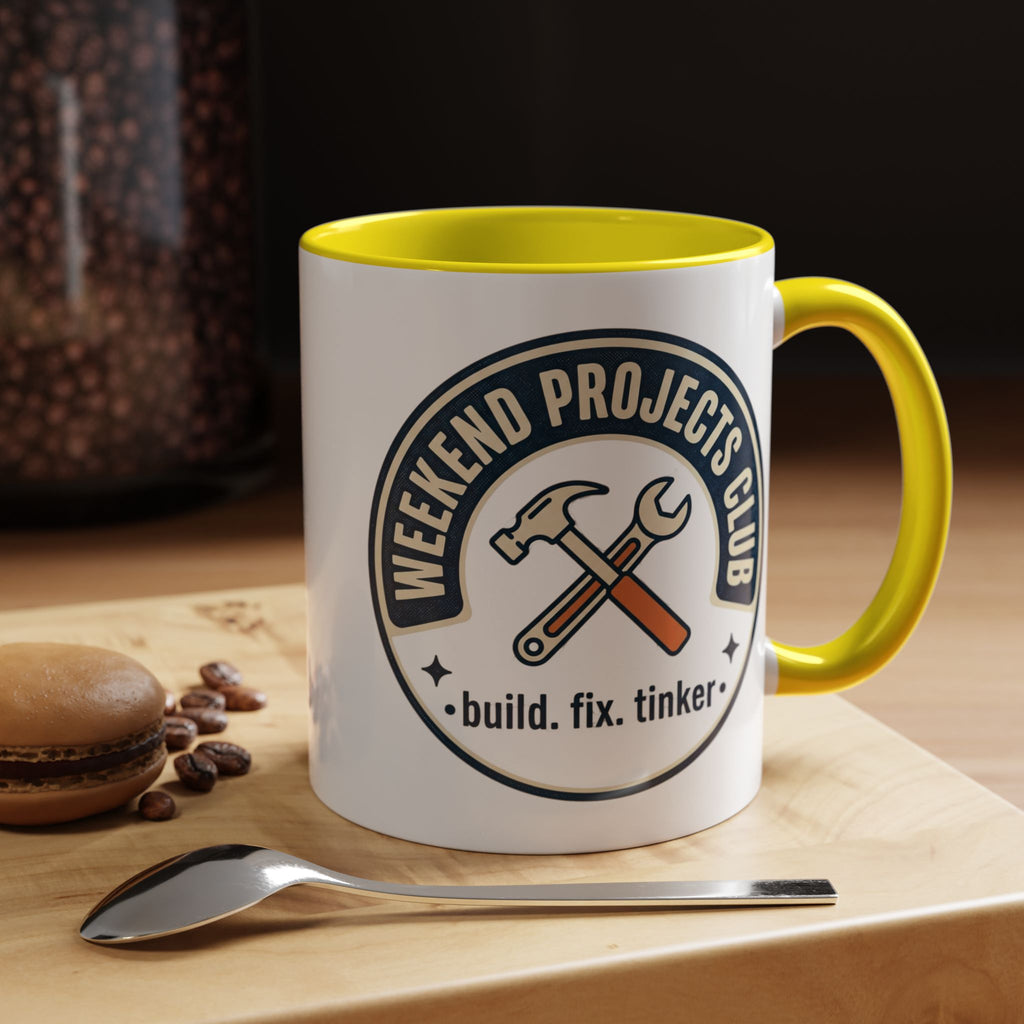 Weekend Projects Club Coffee Mug — "build. fix. tinker." Accent Ceramic Mug (11/15oz)