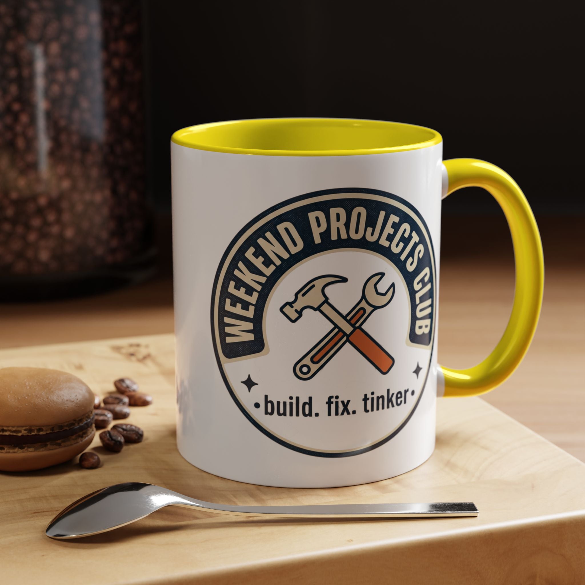 Weekend Projects Club Coffee Mug — "build. fix. tinker." Accent Ceramic Mug (11/15oz)