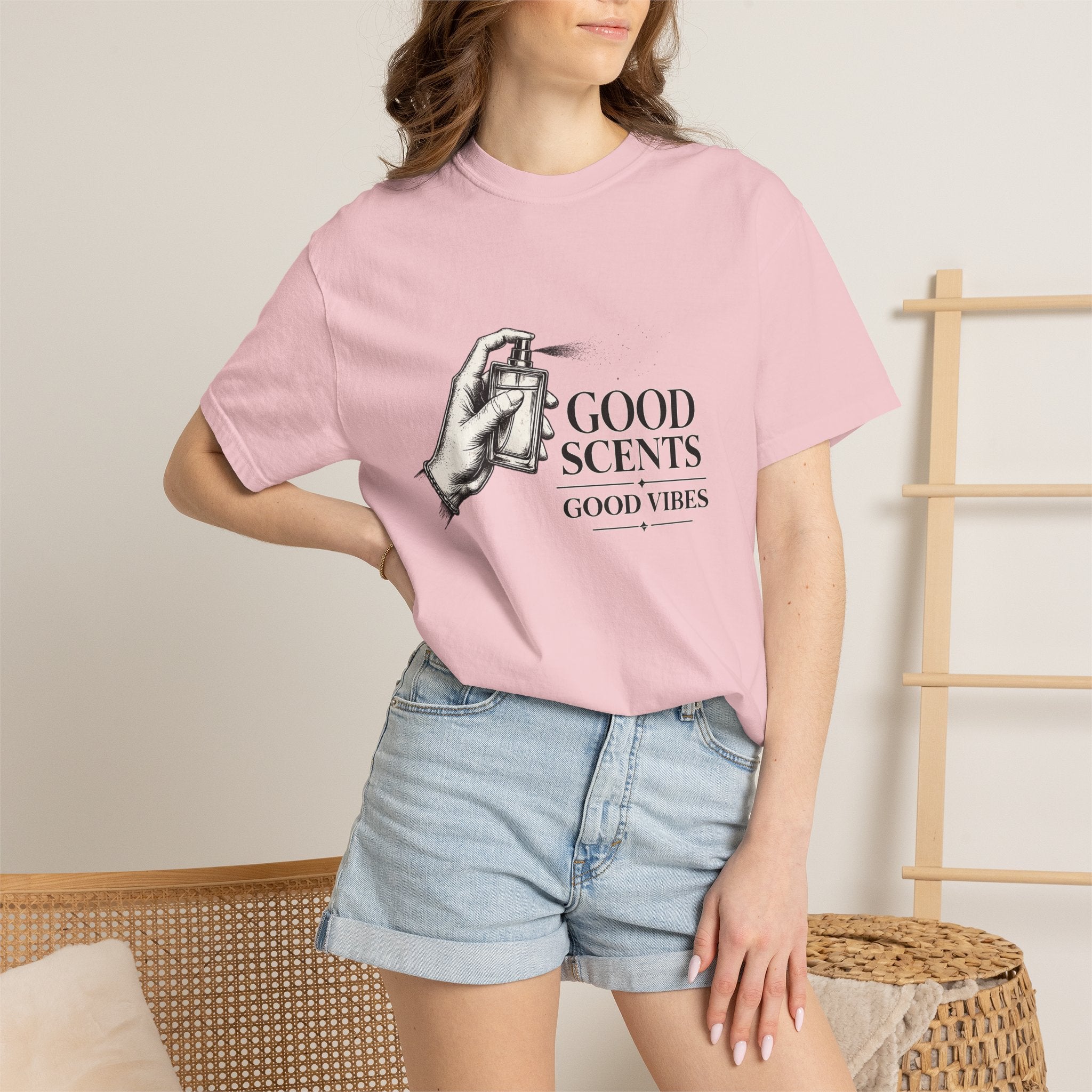 T-Shirt — "Good Scents, Good Vibes" Vintage Perfume Spray Graphic Tee