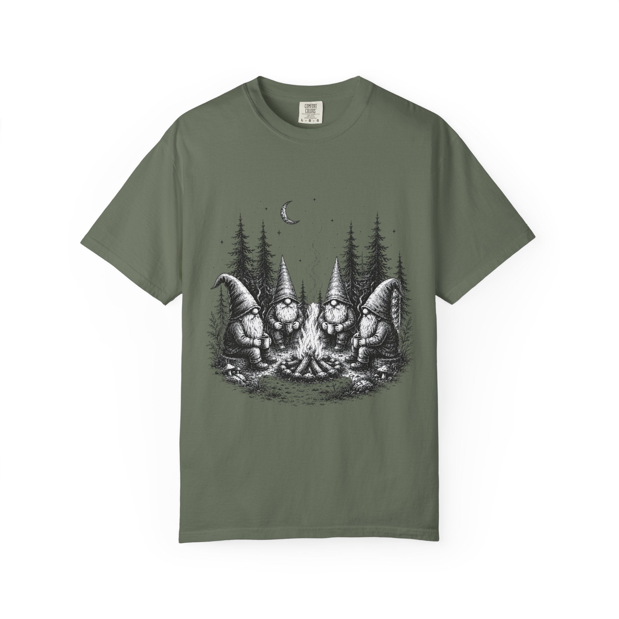 Gnome Campfire T-Shirt — Woodland Gnomes Sitting Around Bonfire Night Tee