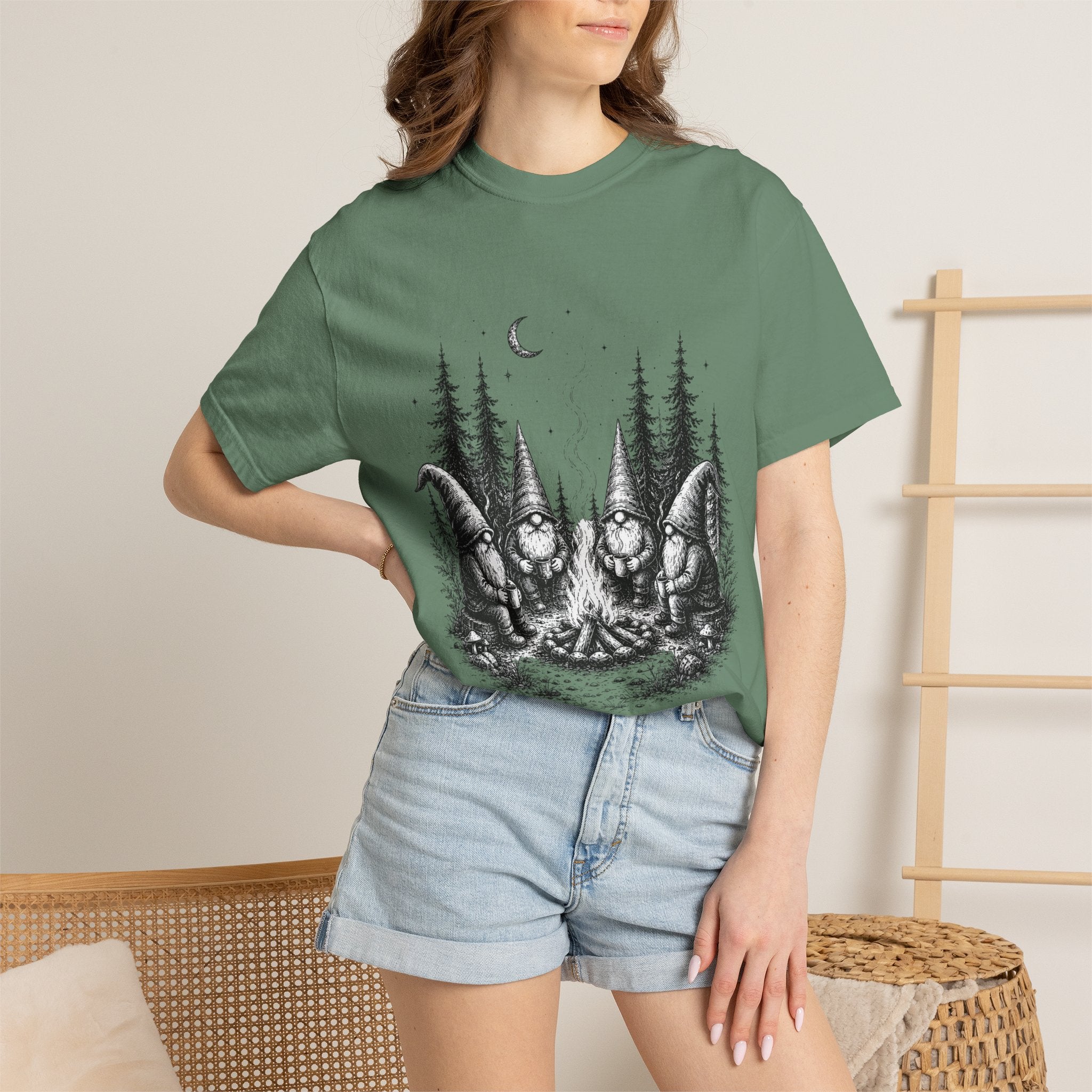 Gnome Campfire T-Shirt — Woodland Gnomes Sitting Around Bonfire Night Tee