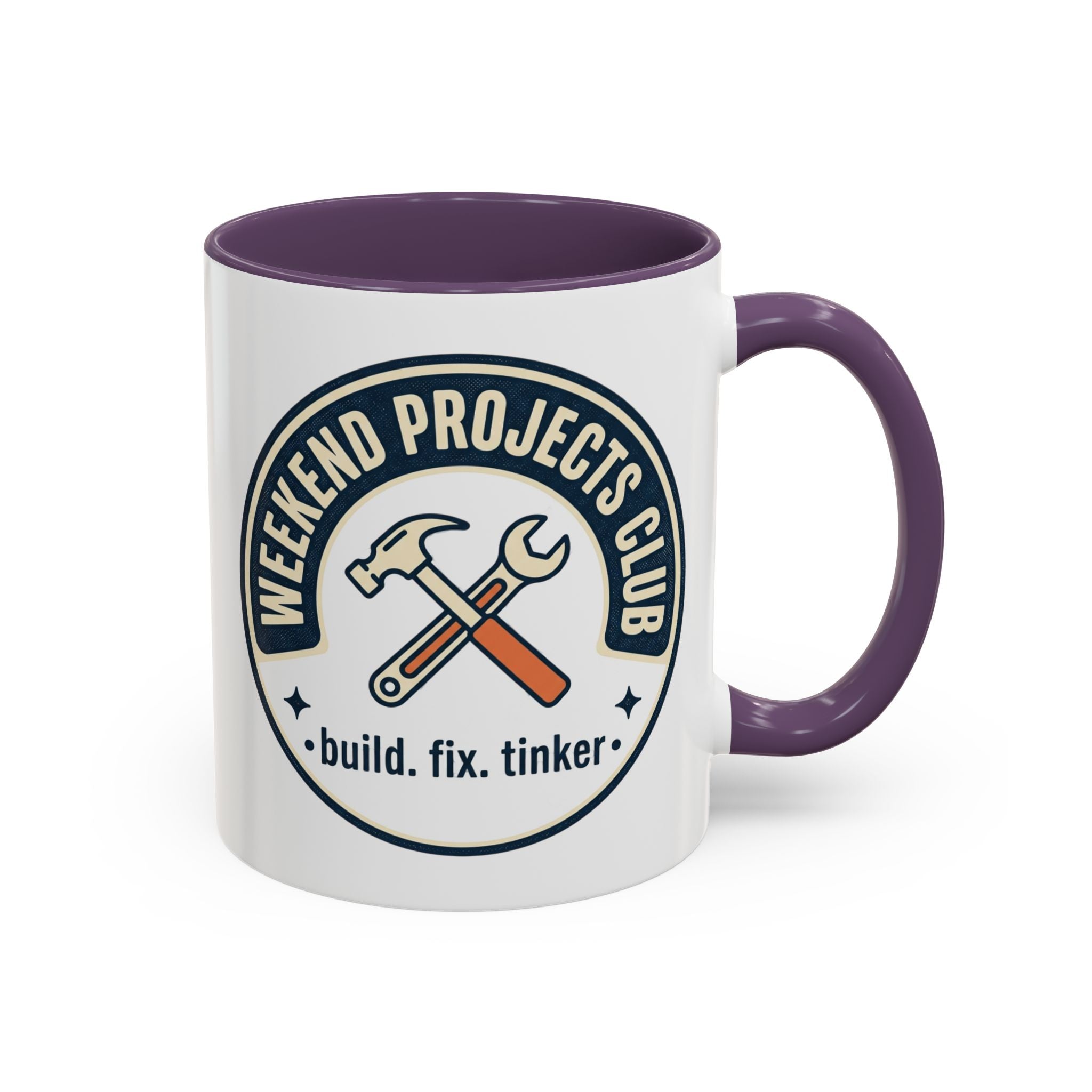Weekend Projects Club Coffee Mug — "build. fix. tinker." Accent Ceramic Mug (11/15oz)