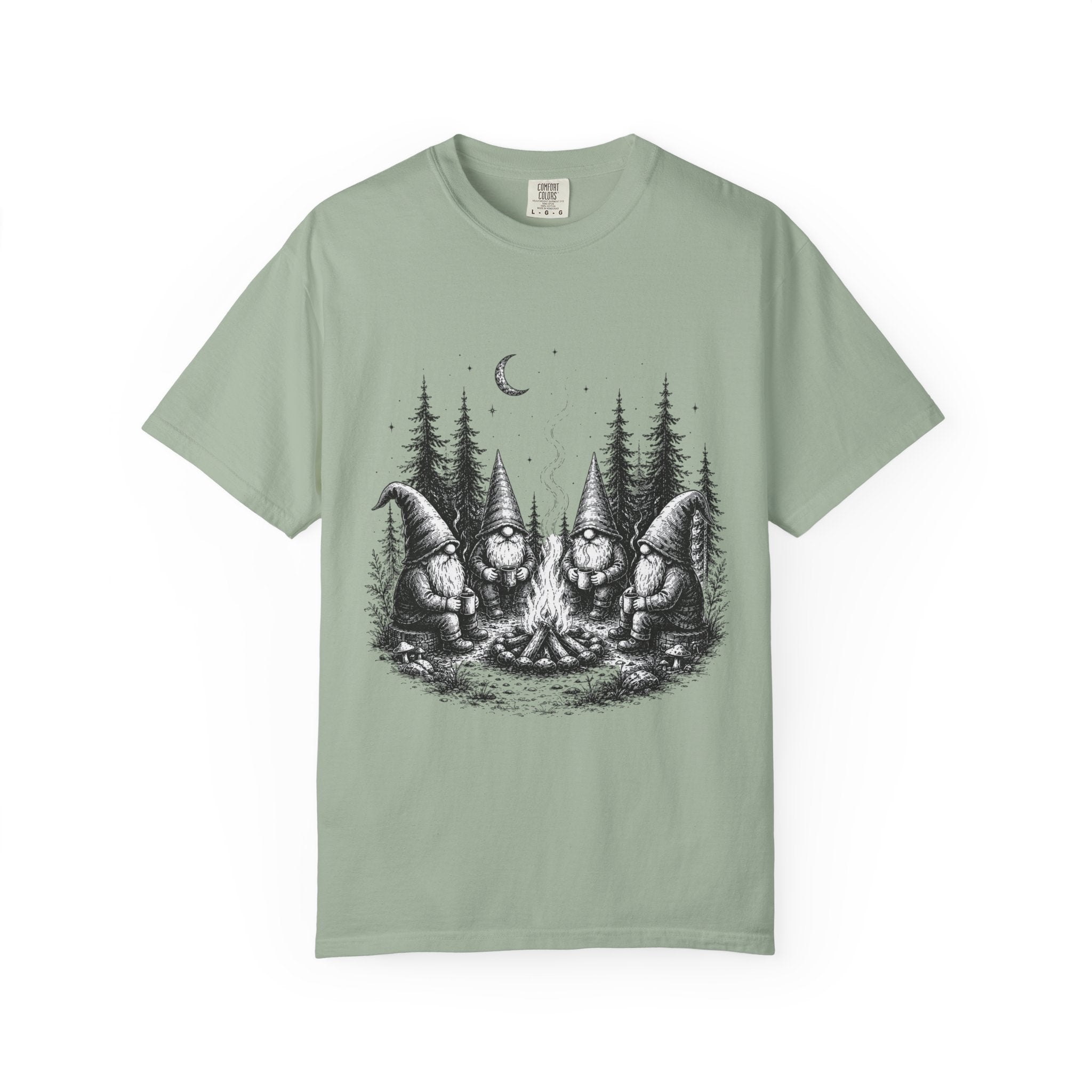 Gnome Campfire T-Shirt — Woodland Gnomes Sitting Around Bonfire Night Tee