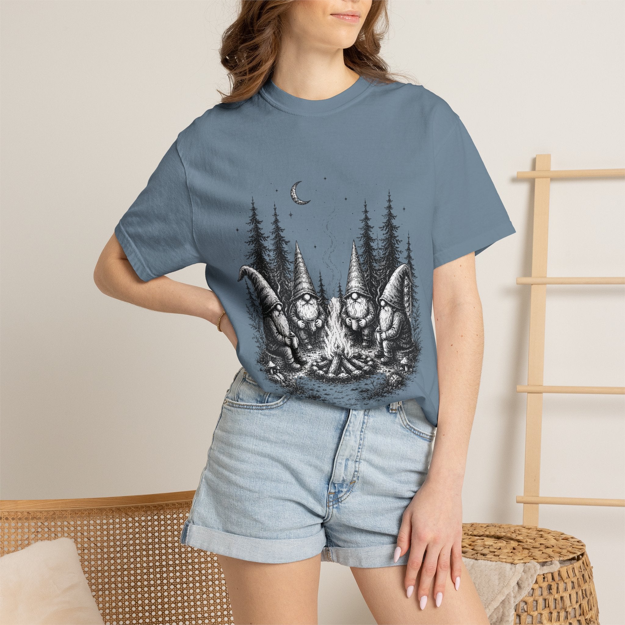 Gnome Campfire T-Shirt — Woodland Gnomes Sitting Around Bonfire Night Tee