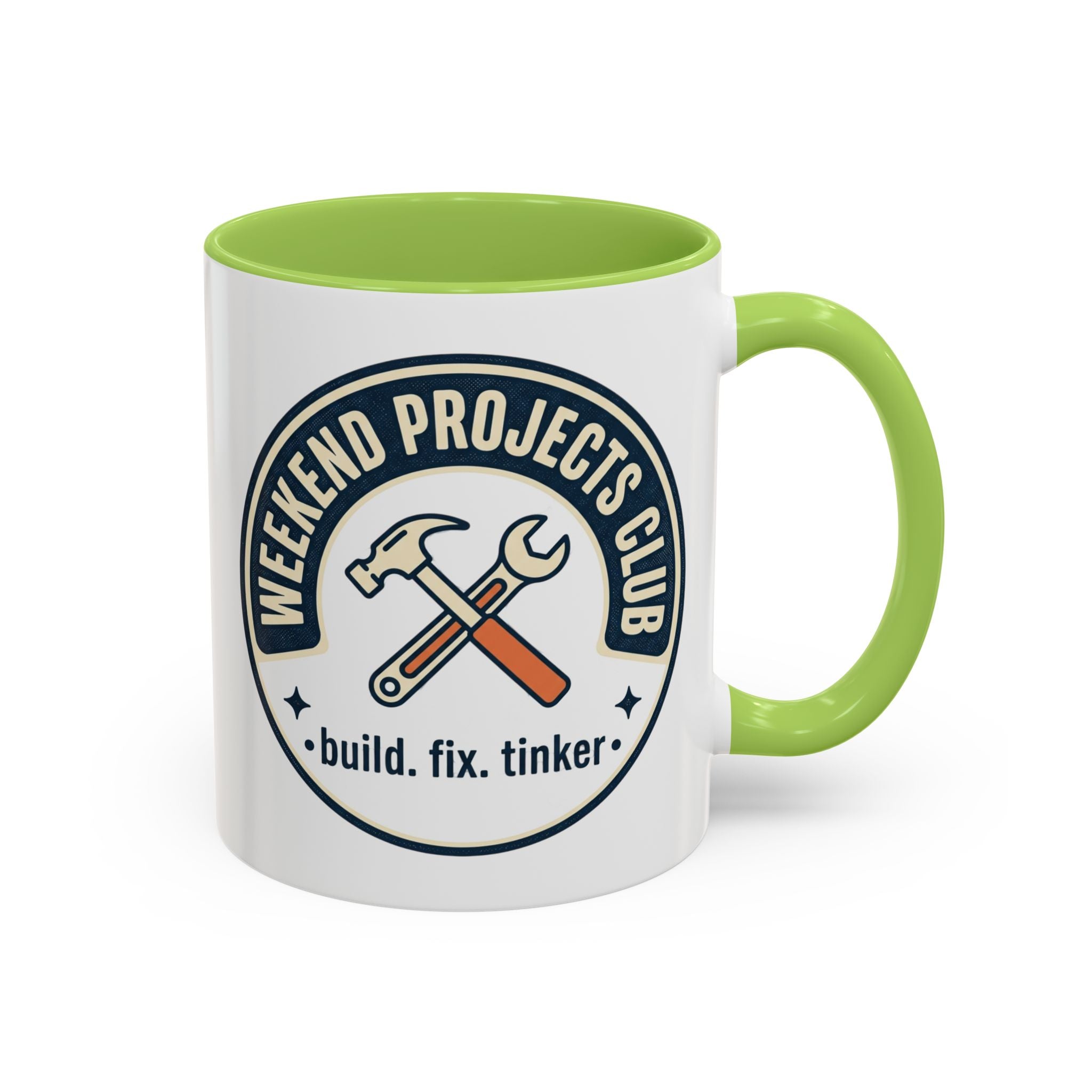 Weekend Projects Club Coffee Mug — "build. fix. tinker." Accent Ceramic Mug (11/15oz)