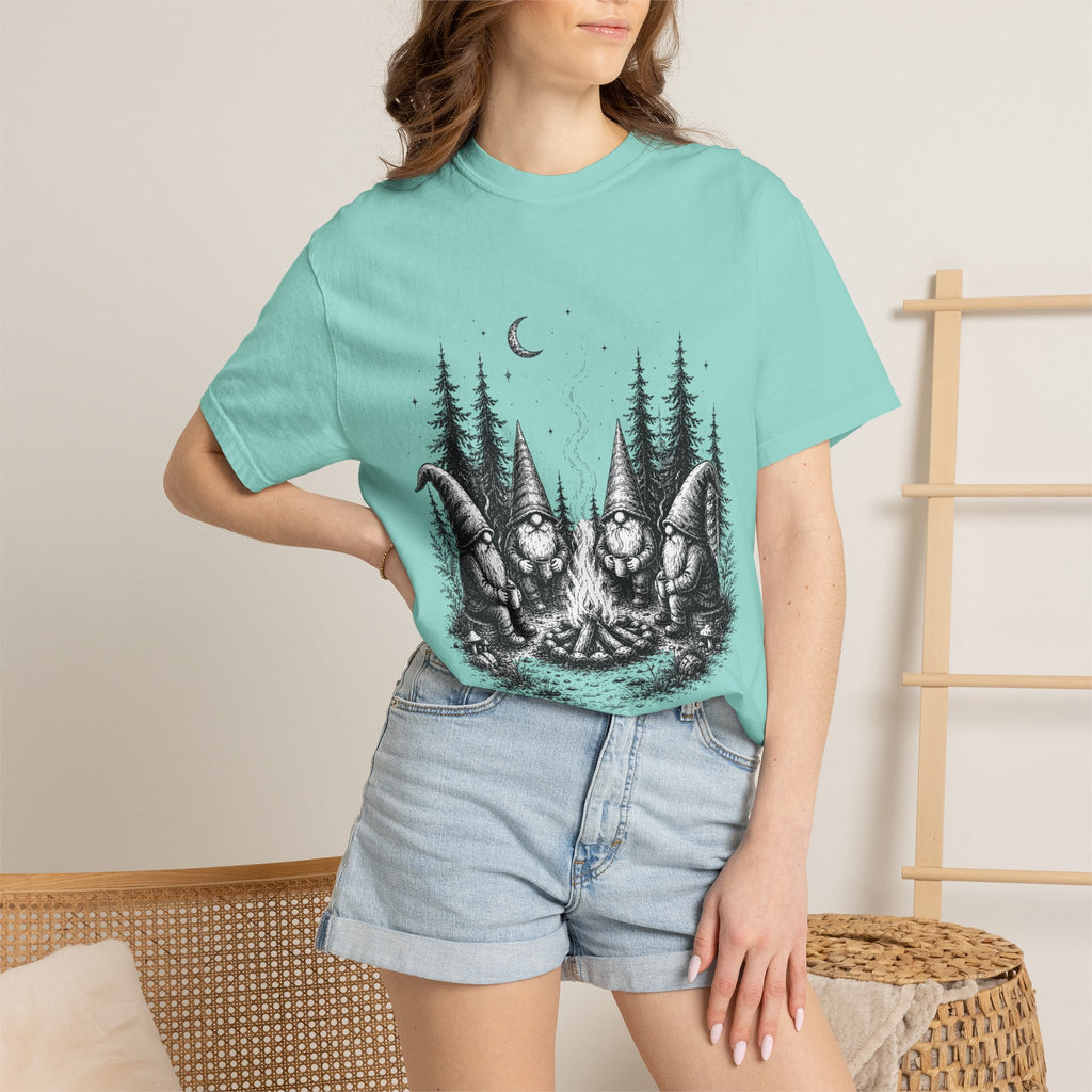 Gnome Campfire T-Shirt — Woodland Gnomes Sitting Around Bonfire Night Tee