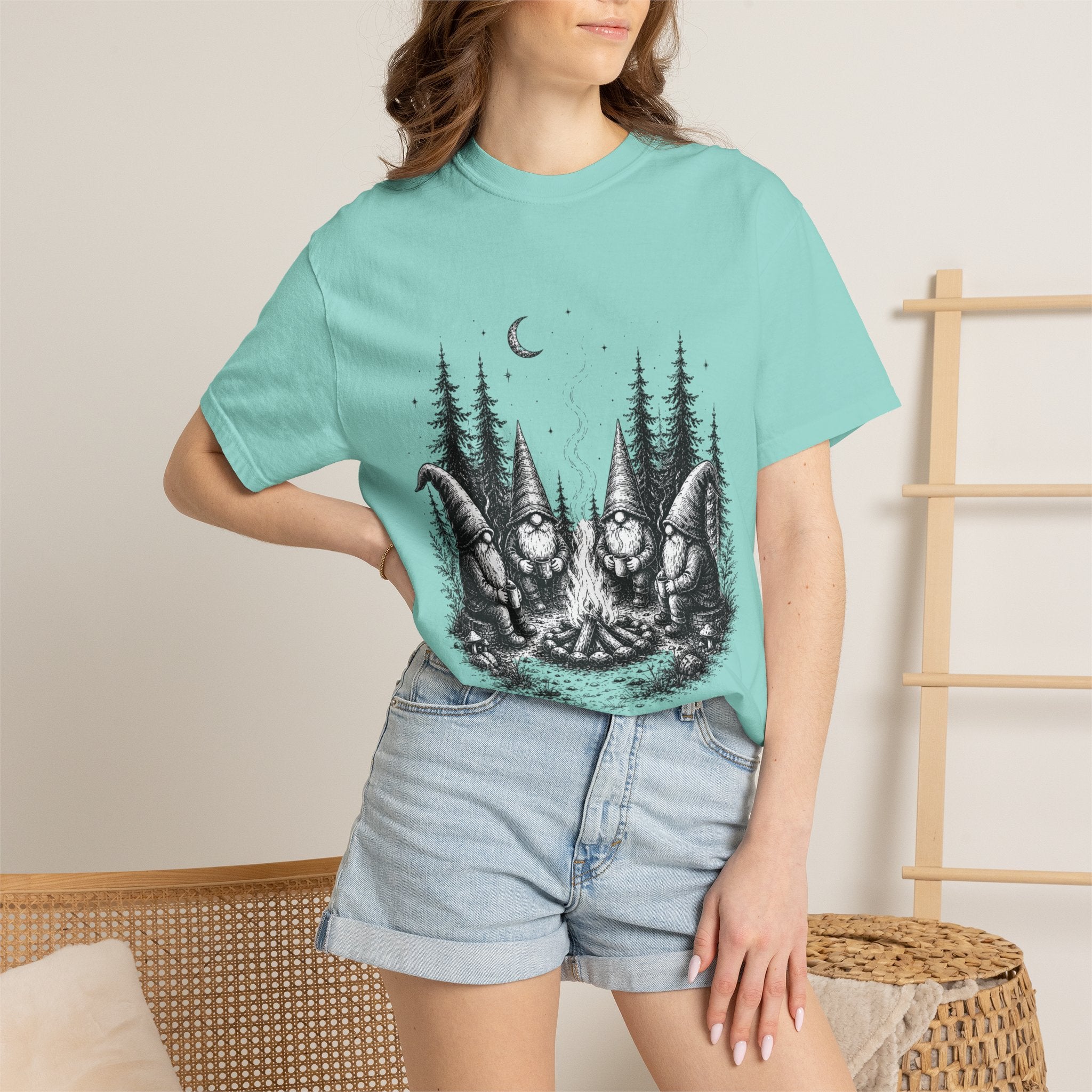 Gnome Campfire T-Shirt — Woodland Gnomes Sitting Around Bonfire Night Tee