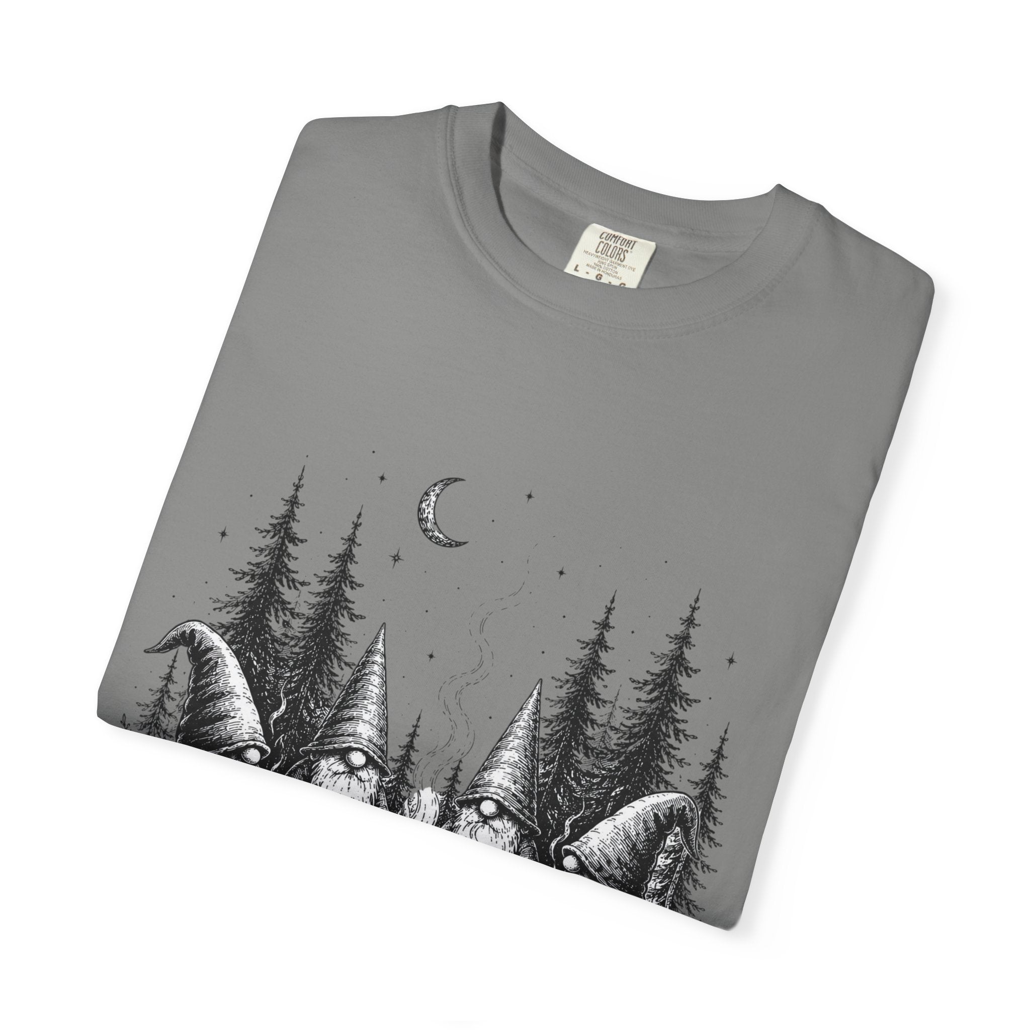 Gnome Campfire T-Shirt — Woodland Gnomes Sitting Around Bonfire Night Tee