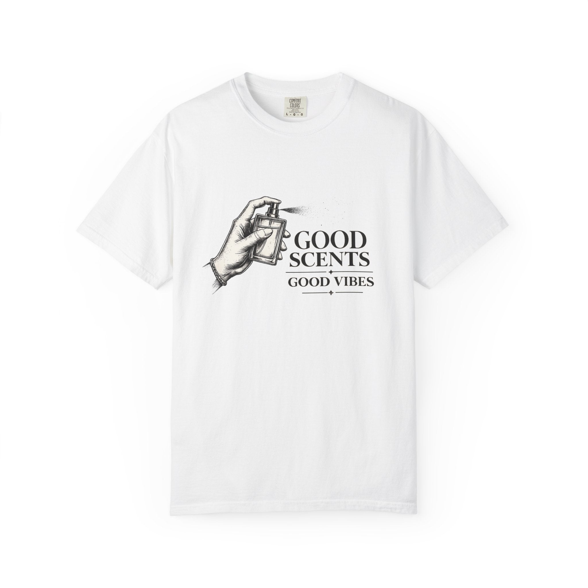 T-Shirt — "Good Scents, Good Vibes" Vintage Perfume Spray Graphic Tee