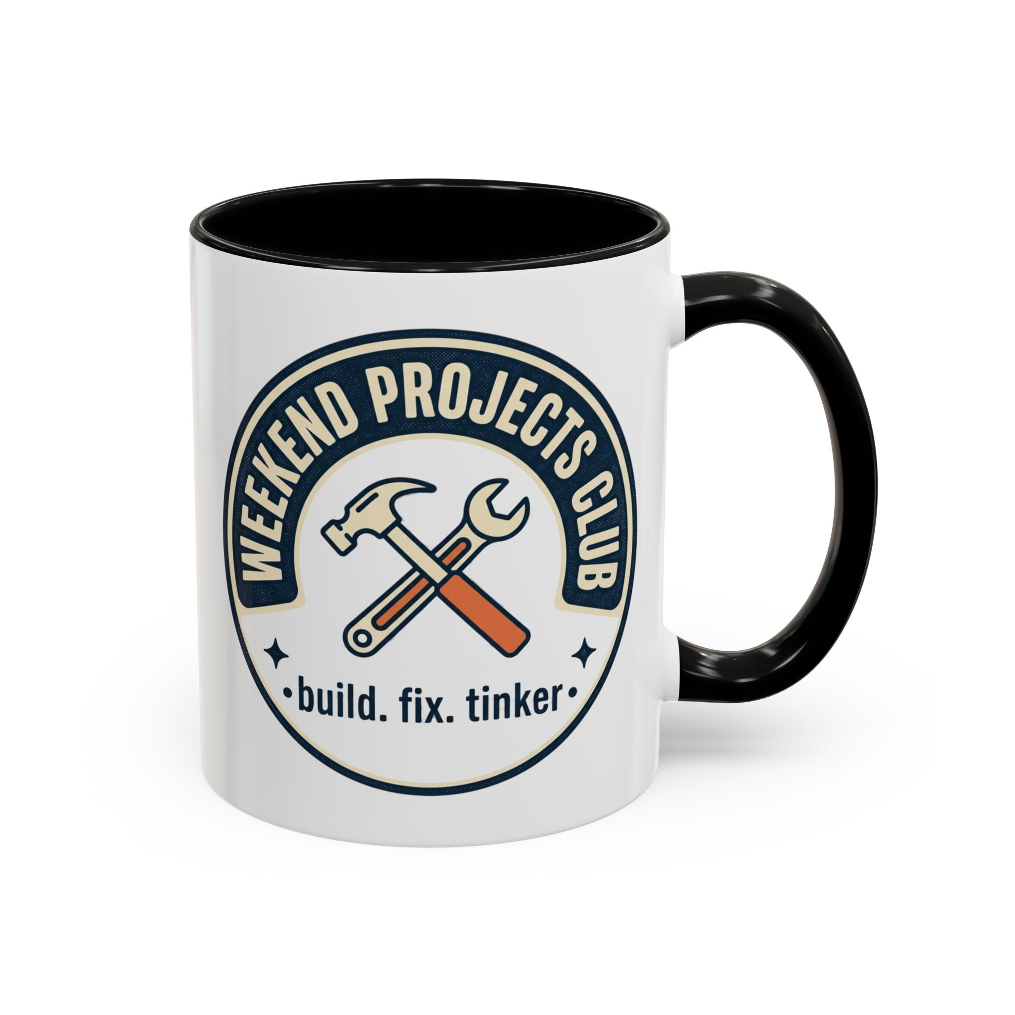 Weekend Projects Club Coffee Mug — "build. fix. tinker." Accent Ceramic Mug (11/15oz)