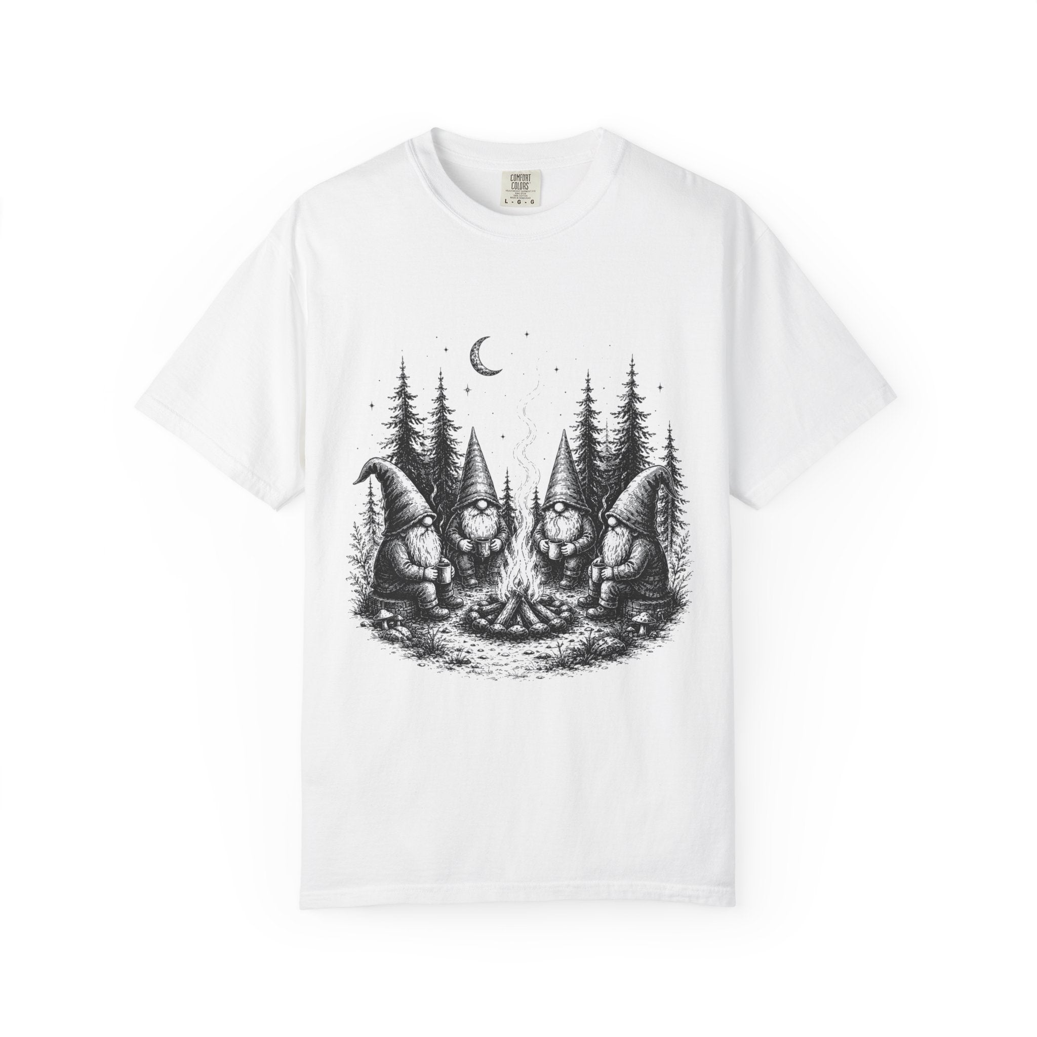 Gnome Campfire T-Shirt — Woodland Gnomes Sitting Around Bonfire Night Tee