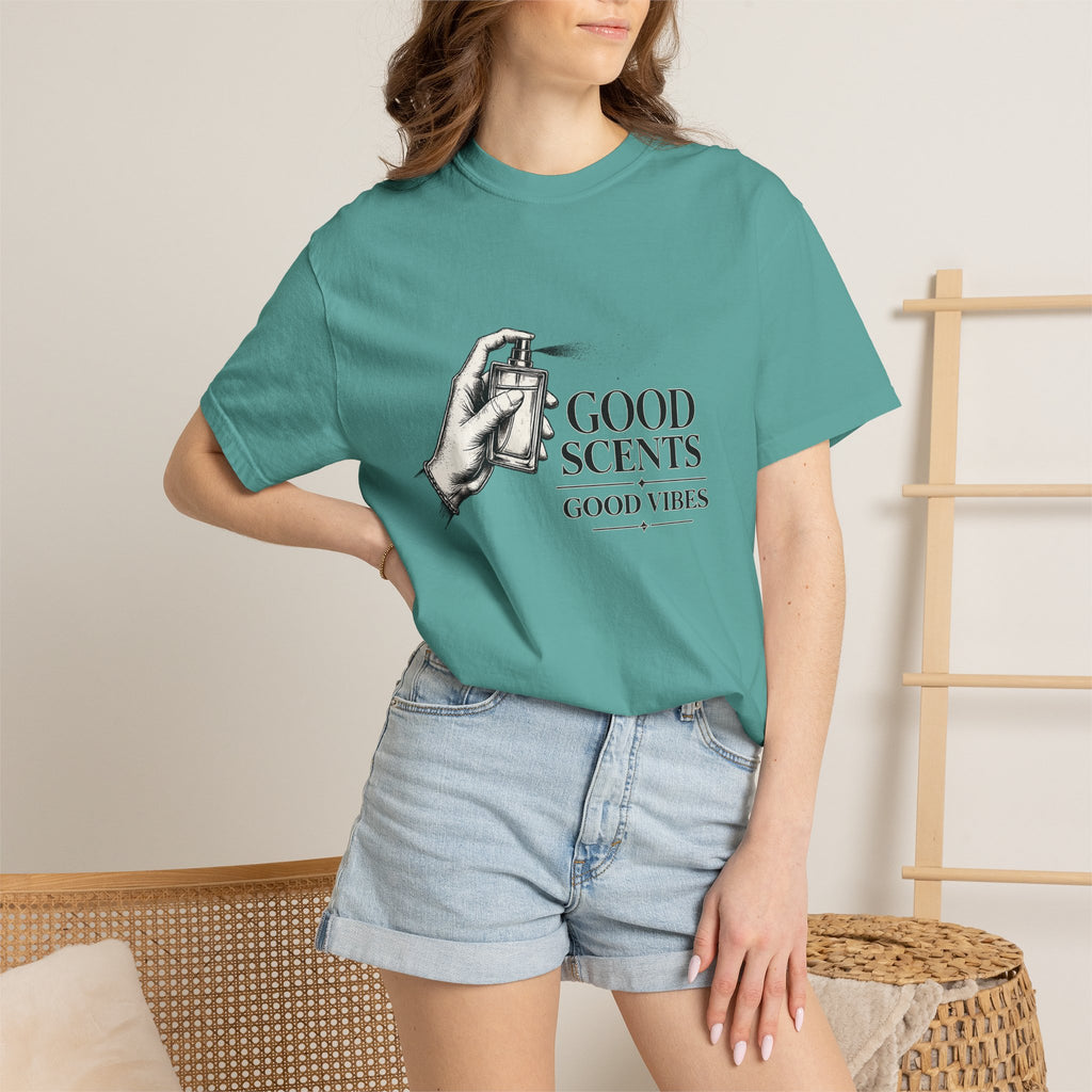 T-Shirt — "Good Scents, Good Vibes" Vintage Perfume Spray Graphic Tee
